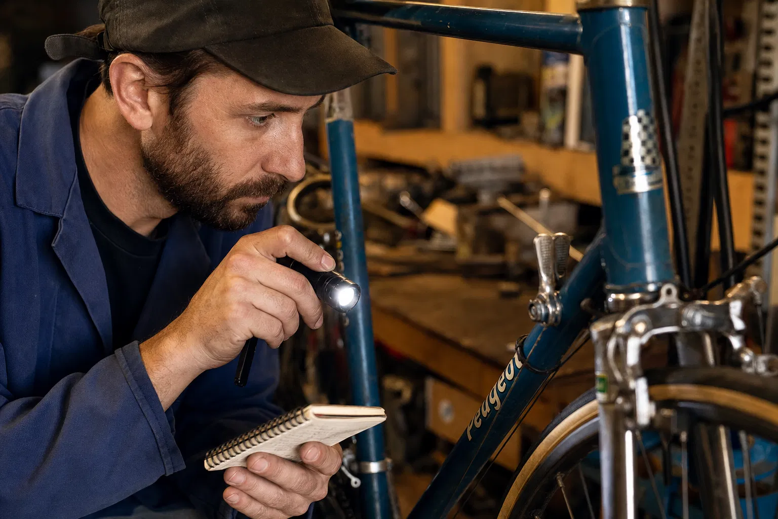 Mecánico inspeccionando una bici en la calle